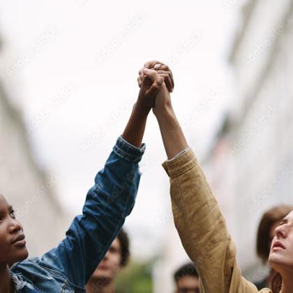 Two women marching